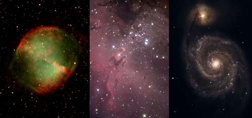 Three pictures, side-by-side, showing the Dumbbell Nebula, Eagle Nebular, and Whirlpool Galaxy