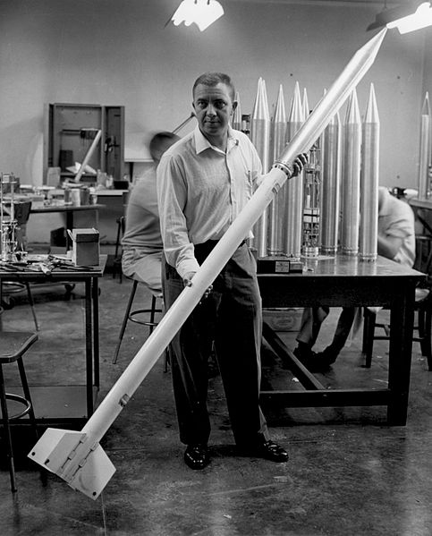 James Van Allen with a with a rocket and scientific instrument package (Rockoon).