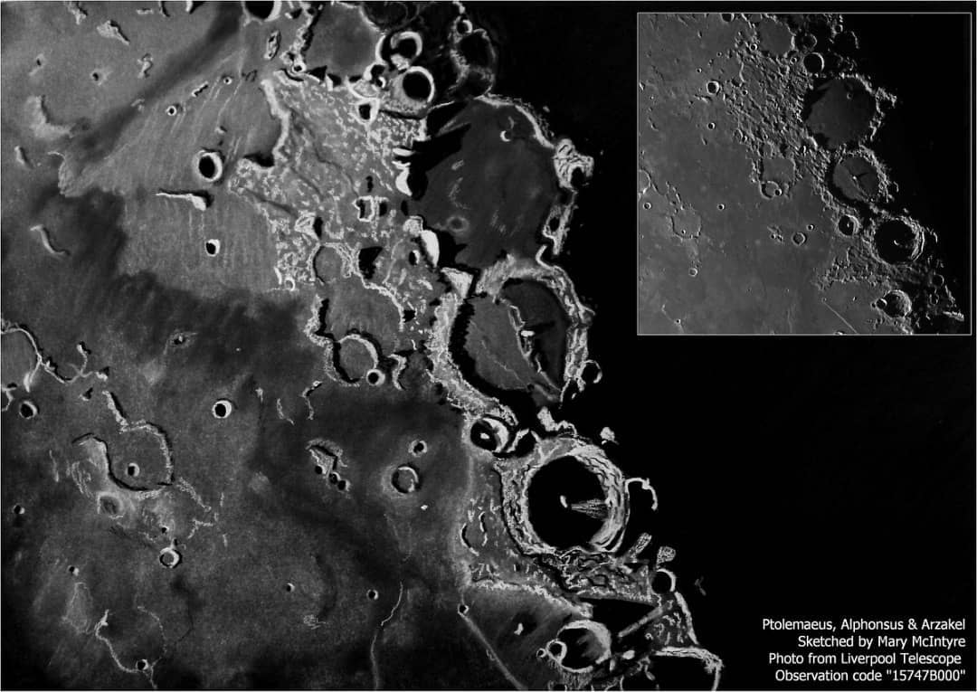 Lunar surface with craters Ptolomaeus (top), Alphonsus (middle) and Arzakel (bottom). 