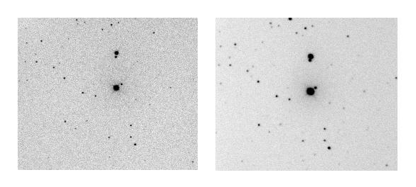 Examples of good and bad astronomical seeing. The images show inverted black and white colour schemes - stars are black and the background is light grey. Objects in the good seeing image have more defined outlines, and less smearing.