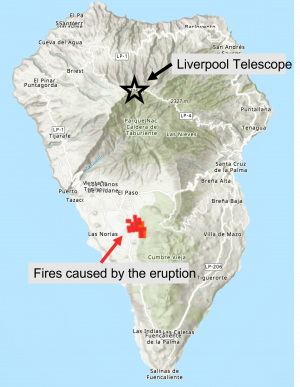 A map of La Palma. The location of the Liverpool Telescope is labelled in the northern centre of the island. The location of fires caused by the eruption are labelled in the southern centre of the island.