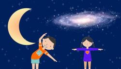 A boy bending to make the shape of the crescent Moon to his right and a girl with her arms outstretched mirroring the shape of the galaxy above her against a dark blue background with faint stars.