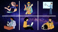 Cartoons of people doing different jobs linked to science, technology, engineering and maths, against a backdrop of space