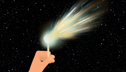 A hand holding a lolly-pop stick. A comet is attached to the end of the stick. There is a starry black background.
