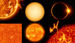 Close up images of the Sun including solar flares, sunspots, and a solar eclipse