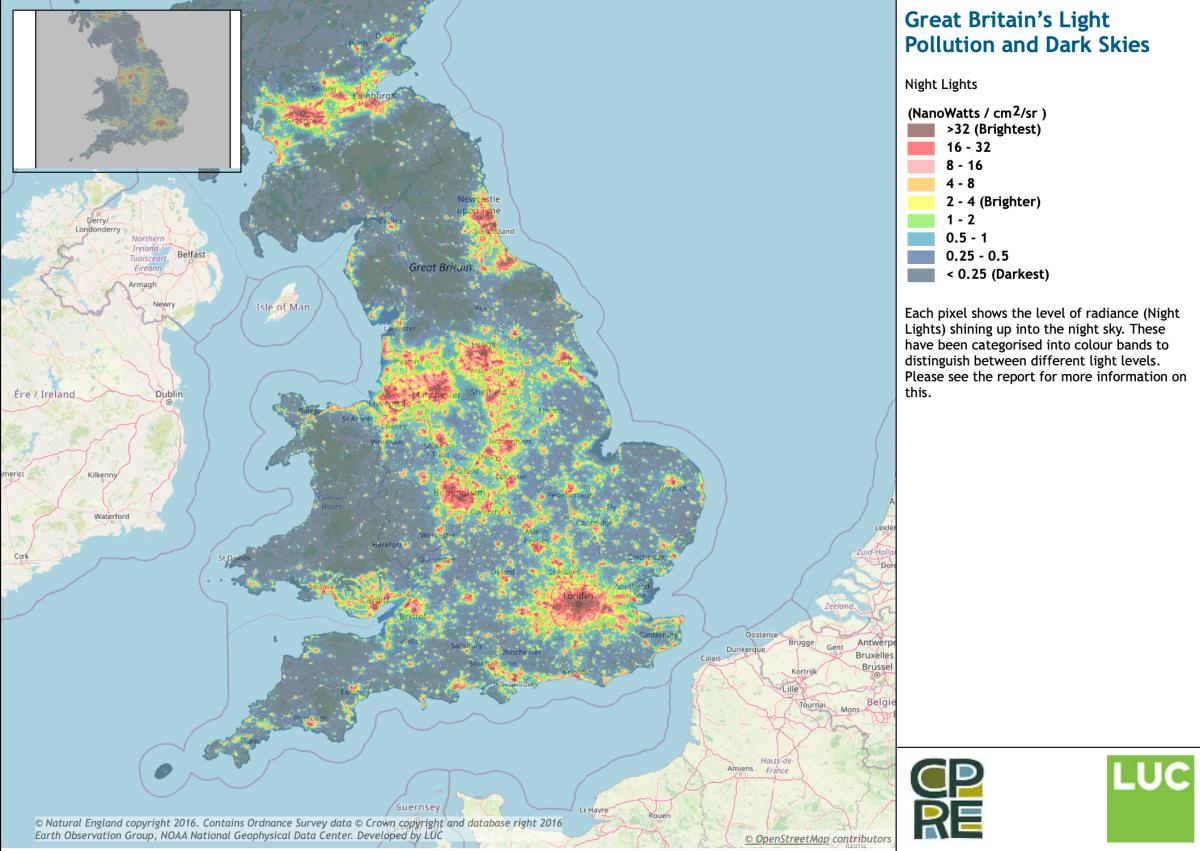 A map of Great Britain showing light pollution levels, with bright areas in red representing higher light pollution and darker areas in blue representing lower levels of light pollution. 