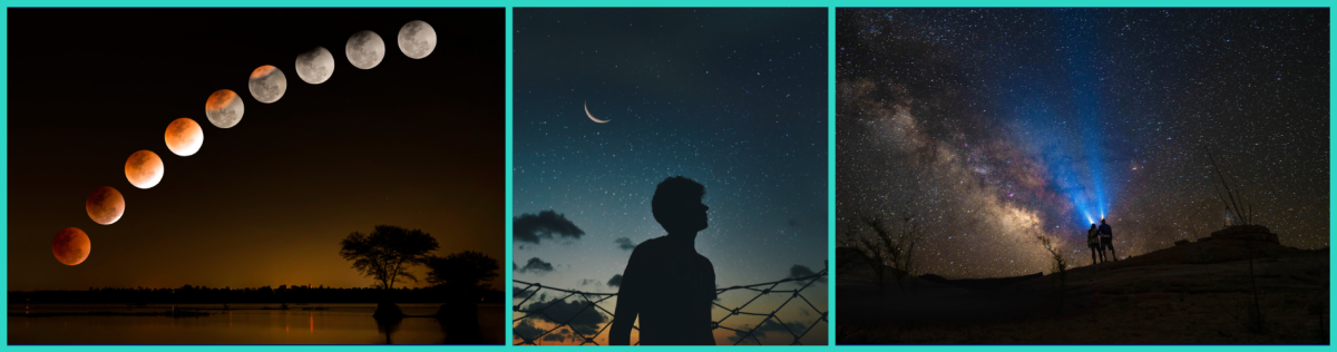 Three images next to each other: first is a series of pictures of the moon rising during a lunar eclipse, the colour changing from red to white; next is a silhouette of a person with a night sky and crescent moon behind them; finally the silhouettes of two people standing with head torches on, behind them the night sky with the Milky Way visible.