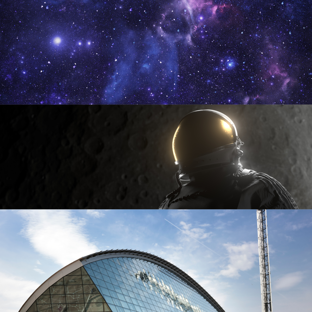 Three-panel image: the top panel shows a starry nebula-filled night sky; the middle panel depicts an astronaut in a reflective helmet gazing at the surface of a moon-like landscape; the bottom panel displays a modern glass building with a clear sky and contrail in the background