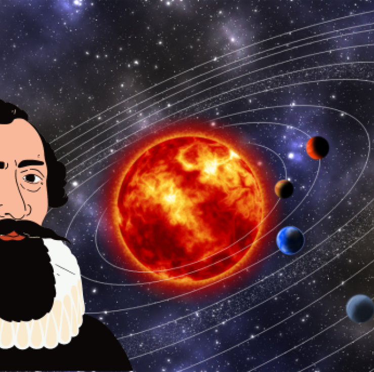 The picture shows a cartoon portrait of Johannes Kepler in front of an artist's impression of the Solar System.