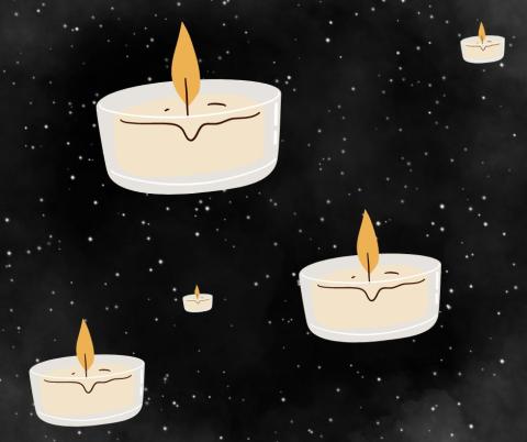 Illustration of multiple candles of the same size and brightness scattered in a starry background, symbolizing the concept of standard candles used in astronomy to measure distances in space