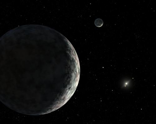 An artistic representation of the dwarf planet Eris with its moon Dysnomia in the background, set against the starry backdrop of outer space