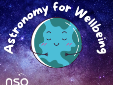 A cartoon planet Earth with a happy and relaxed expression against a backdrop of space. The words astronomy for wellbeing are curved around the Earth.