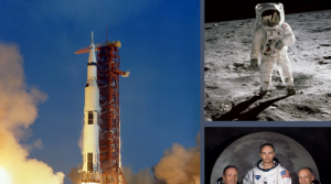 The left-hand side of the image shows the rocket carrying Apollo 11 launching to space, in the top-right is a photo of astronaut Buzz Aldrin standing on the Moon; in the bottom-right is a photo of the 3 crew members of Apollo 11 in their astronaut suits without their helmets sitting in front of a large picture of the Moon.