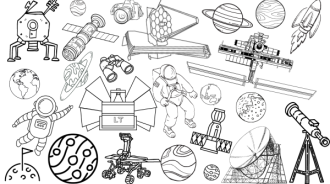 A page covered with line drawings of different space-themed items, like telescopes, astronauts and planets