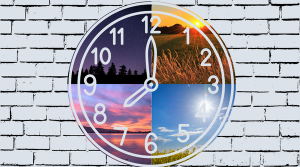 A clock on a brick wall. The clock is divided into four quarters that contain pictures of the sky at different times of day.