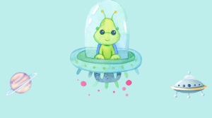 A cartoon of a green alien sitting inside a spaceship. The spaceship is shaped like a saucer and has a glass dome so the alien can see out.