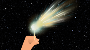A hand holding a lolly-pop stick. A comet is attached to the end of the stick. There is a starry black background.