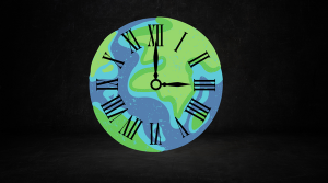 A cartoon planet Earth with a clock face on it against a black background.