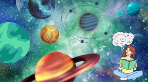 A girl holding a book imagining a planet. The background contains lots of planets against a colourful nebula.