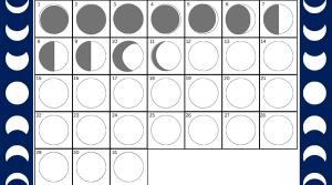 A calendar for a month that has been partially filled in to show the phase of the Moon on each day.