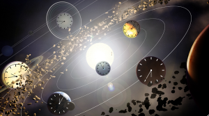 A illustration of the planets orbiting the Sun. Each planet has a clock face on it.