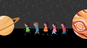 Cartoon children are shown walking from Jupiter to Saturn against a black background with stars