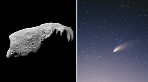 The image shows an asteroid in space on the left, and a comet viewed from Earth on the right.