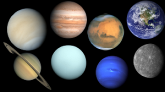 Illustration of the eight planets in the solar system arranged side by side, showing their unique appearances, including Venus, Jupiter, Mars, Earth, Saturn, Uranus, Neptune, and Mercury