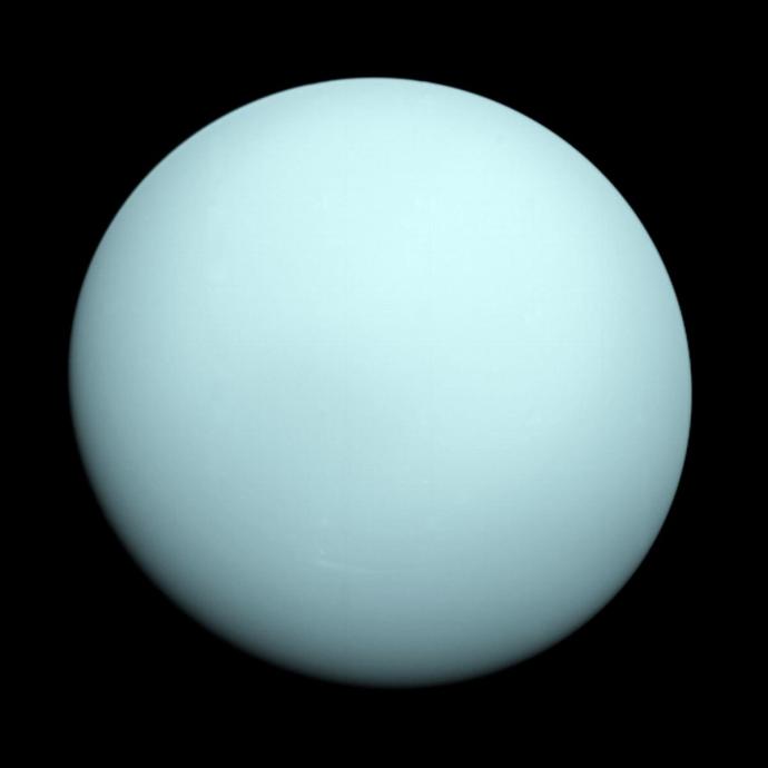 Image of Uranus, a pale blue planet with a smooth, featureless appearance, set against a black background.