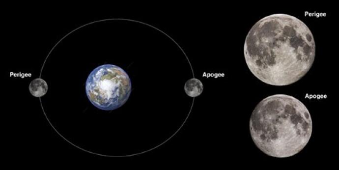 Diagram showing the Moon's orbit around Earth, with the Moon at perigee (closest to Earth) and apogee (farthest from Earth), along with side-by-side images comparing the larger perigee Moon and the smaller apogee Moon