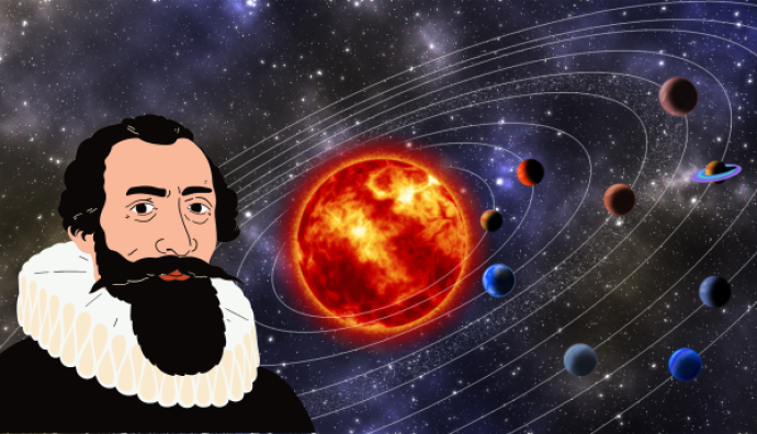 The picture shows a cartoon portrait of Johannes Kepler in front of an artist's impression of the Solar System.