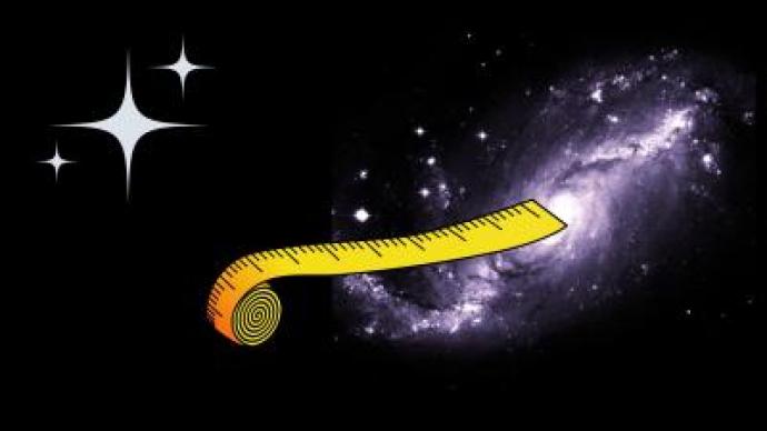 A space image, with stars on one slide and a galaxy on the other, there is a cartoon tape measure being pulled between them.