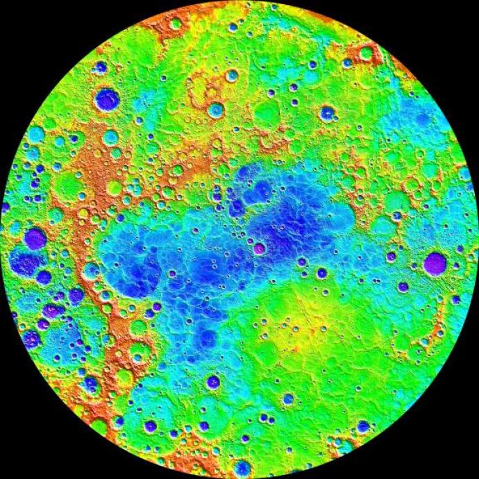 Color-coded image of Mercury's surface, showing various craters and terrain features in vibrant shades of blue, green, yellow, and red, representing different elevations