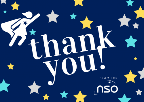 A post card with the words 'Thank you from the NSO' on a dark blue background with stars.
